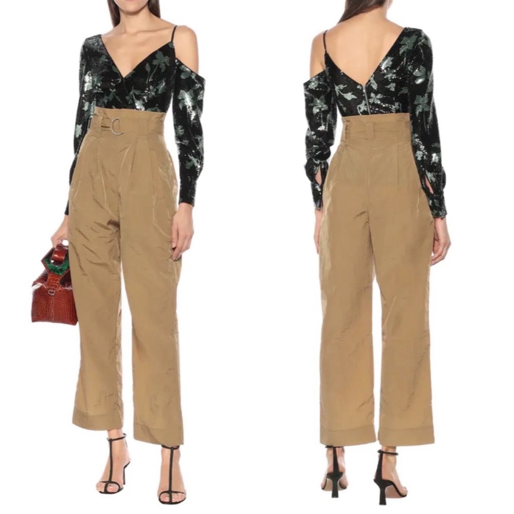 GANNI Tech High Rise Taupe Belted Paperbag Waist Straight Leg Pants Size 40/8